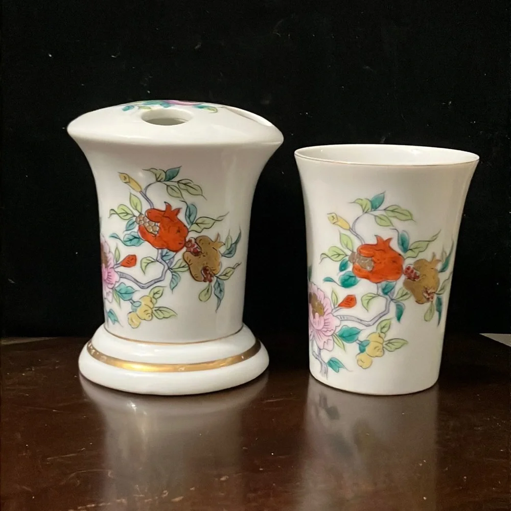 Vintage Porcelain Andrea by Sadek Asian Style Floral Toothbrush Holder & Cup